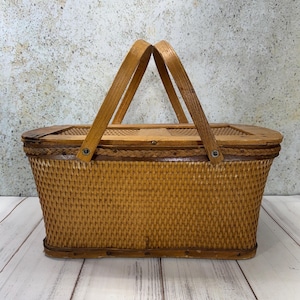 Antique Woven Wood Picnic Basket with Hinged Lid and Handles, Rustic Farmhouse Storage or Decor