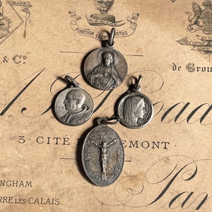 Vintage Religious Medals (4) Religious Charms- Saints Prayers- Medallions Lot- Jesus Sacred Heart- Lourdes Grotto Pontmain- Pope medal