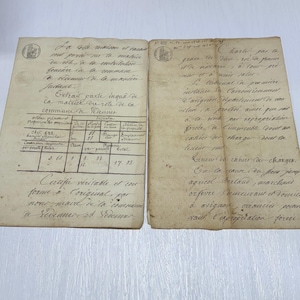 Documentos franceses de principios del siglo XIX con sello, documento legal, contrato, escritura efímera en papel, escritura antigua, objeto de colección histórico.