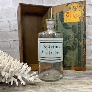 Antique French Apothecary Bottle- Glass Pharmacy Jar with &quot;Spirit of Lemon Apple&quot; Label- Medicinal Bottle