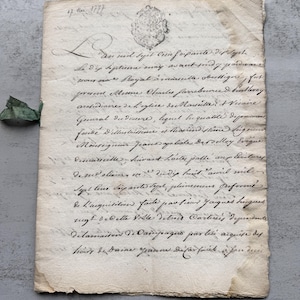 Antique 1700&#39;s French Document, Handwritten with Stamps and Teal Ribbon