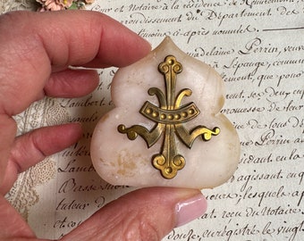 French Emblem on Stone- Alabaster and Fleur de Lis Style Embellishment from France- Objet d'art