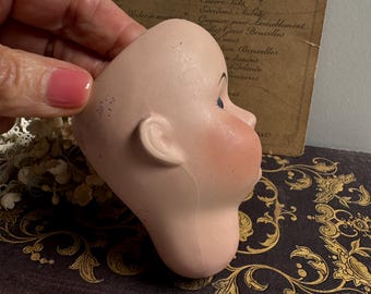 アンティークビスクドールヘッド：ドイツ製ガラスアイ - 4インチ