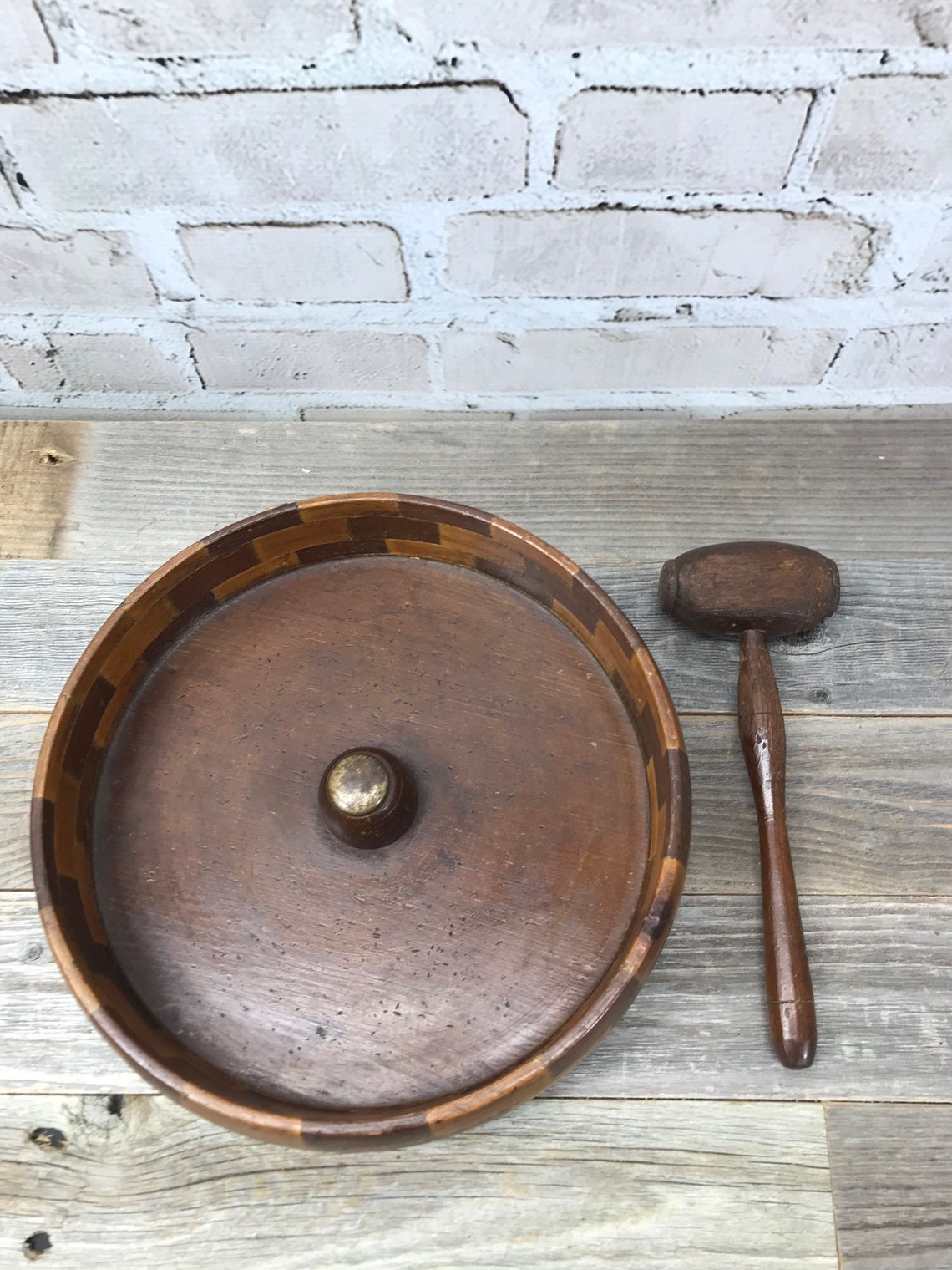 Vintage Wooden Nut Bowl with Mallet Hammer Mid Century Decor Etsy