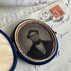 Antique Blue Velvet Daguerreotype Case with Portrait of Man, Victorian Keepsake