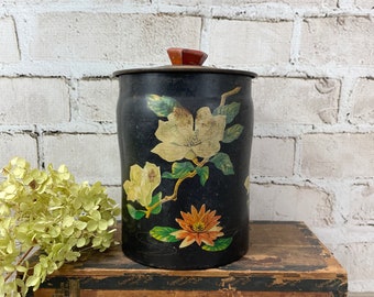 Vintage Tin Cannister- Primitive Farmhouse Kitchen Black with Flowers