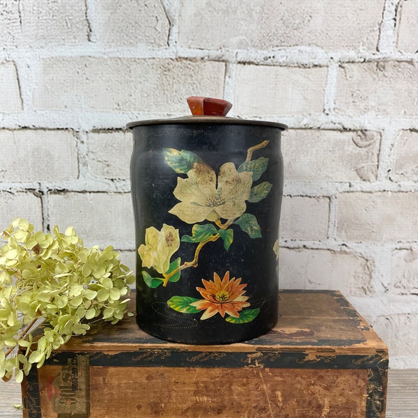 Vintage Tin Cannister- Primitive Farmhouse Kitchen Black with Flowers