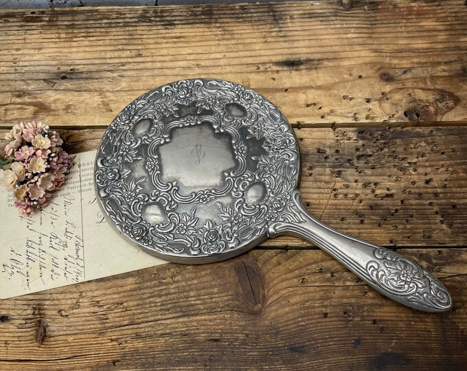 Vintage Hand Mirror Silver Colored Handheld Vanity Mirror With Monogram