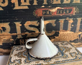 Vintage Enamel Funnel- White and Cobalt Blue Distressed Patina- French Country- Enamelware