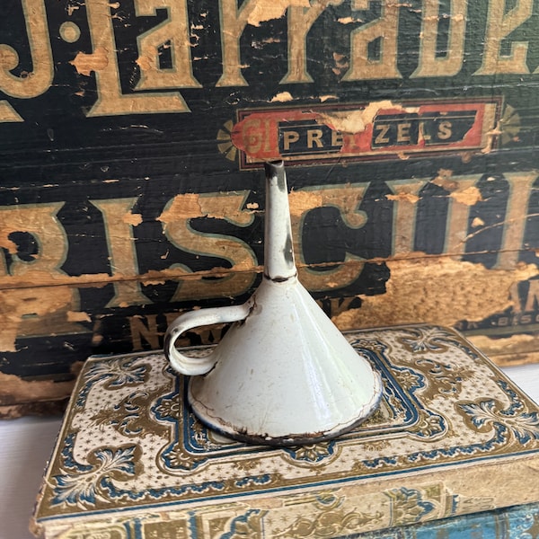 Vintage Enamel Funnel- White and Cobalt Blue Distressed Patina- French Country- Enamelware