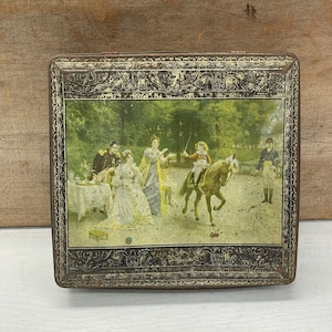 Vintage Tin Box from France- Jules Girardet Aiglon Chocolate Confectionery Tin- Victorian- First Riding Lesson- Lithograph Metal Container