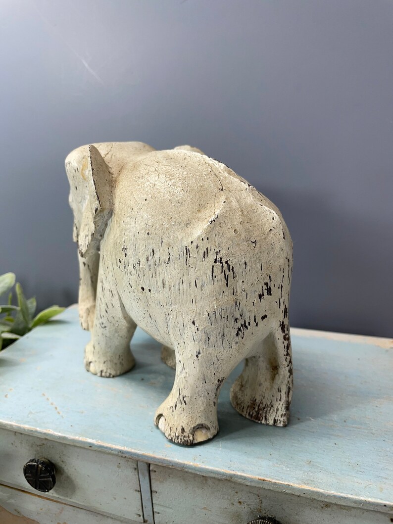 Wooden Elephant With White Shabby Paint Vintage Animal Etsy
