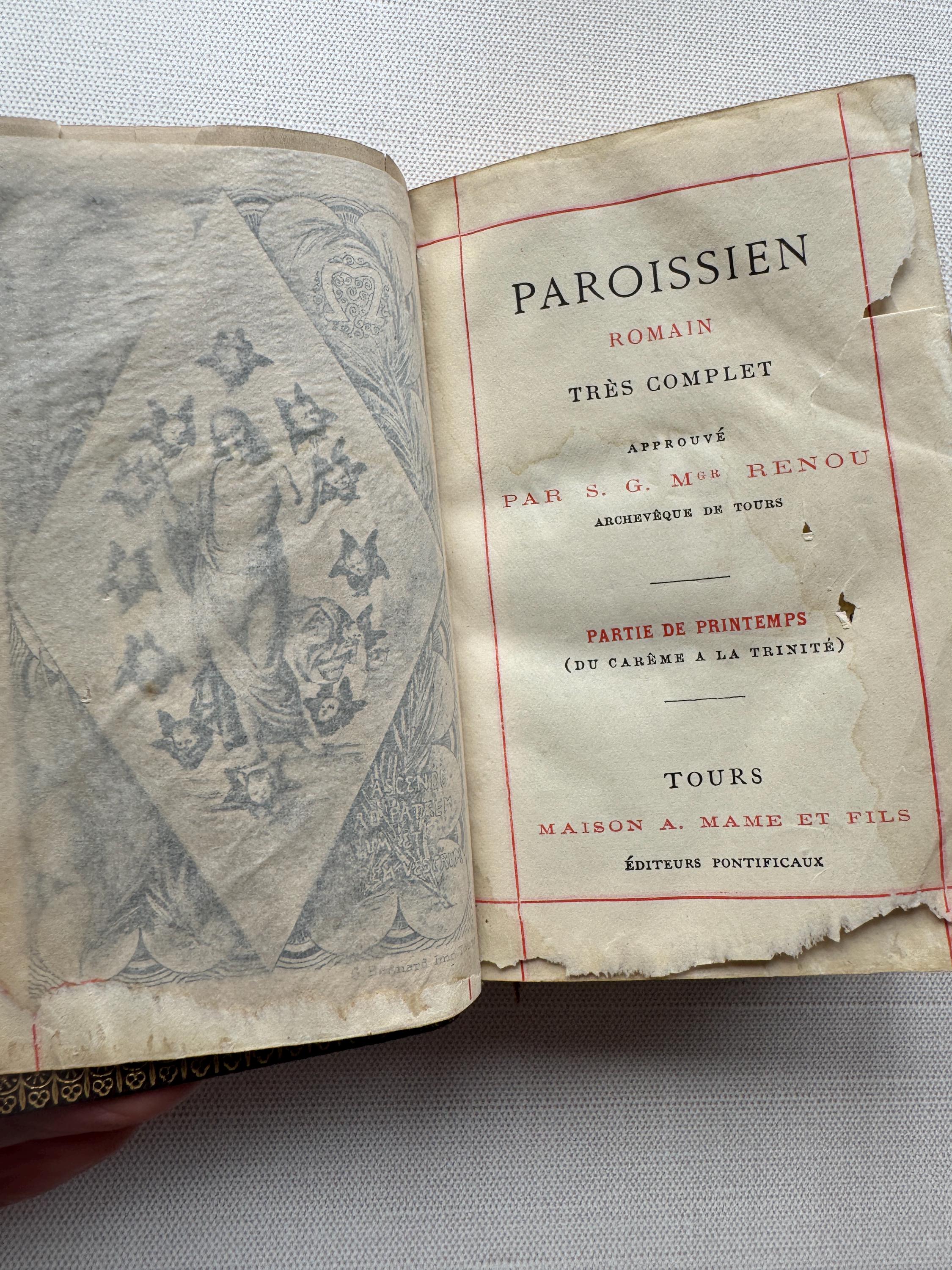 フランス・ローマ教区民用祈祷書全集、1905年製革製カバー、金箔縁