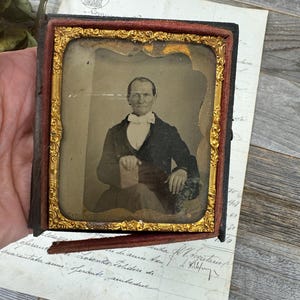 Antique Man Photo in Case, 1800&#39;s Victorian Sixth Plate, Tooled Leather Portrait Daguerreotype, Gold Frame