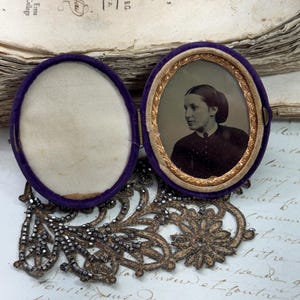 Antique Velvet Daguerreotype Case with Portrait of Woman, Victorian Keepsake