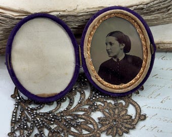 Antique Velvet Daguerreotype Case with Portrait of Woman, Victorian Keepsake