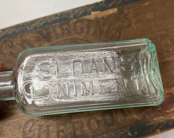 Vintage Bottle- Sloan's Liniment- Clear Green Tint Bottle- Rustic Home Decor Farmhouse Kitchen- Antique Bottle Collectible- Pain Relief