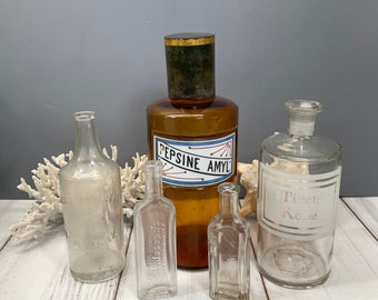 Antique Apothecary Bottle Lot- French Porcelain Label Brown and Clear Glass Bottles- Cabinet of Curiosities 1800's Druggist