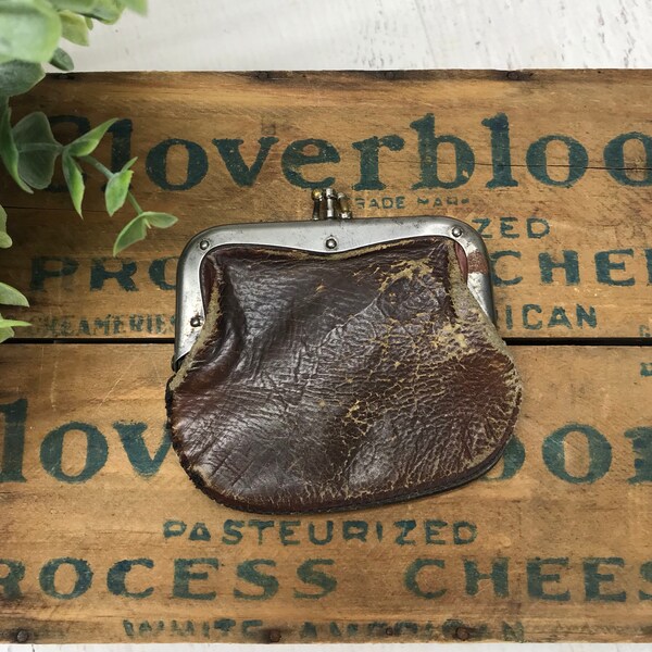 Vintage Leather COIN PURSE- Brown Worn Leather- Antique Coin Purse- Change Purse Two Compartment- Snap Closure