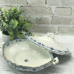 Vintage Furnivals Ltd. Walden Tureen England Blue and White Porcelain with Gold Rim Covered Serving Dish image 2