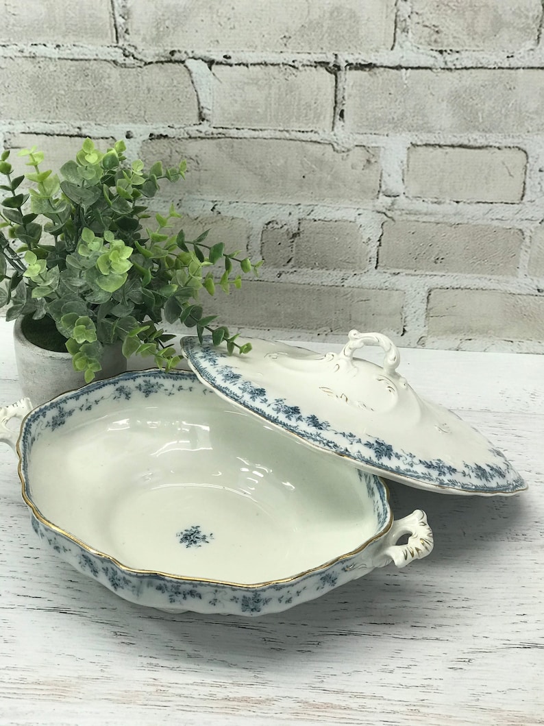 Vintage Furnivals Ltd. Walden Tureen England Blue and White Porcelain with Gold Rim Covered Serving Dish image 2