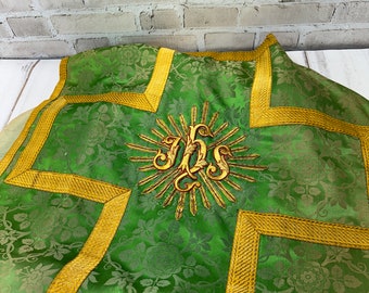 Vintage Chasuble in Green & Gold- Embroidered Textile Vestment Priest Robe IHS- Clergy Gown from Bruxelles