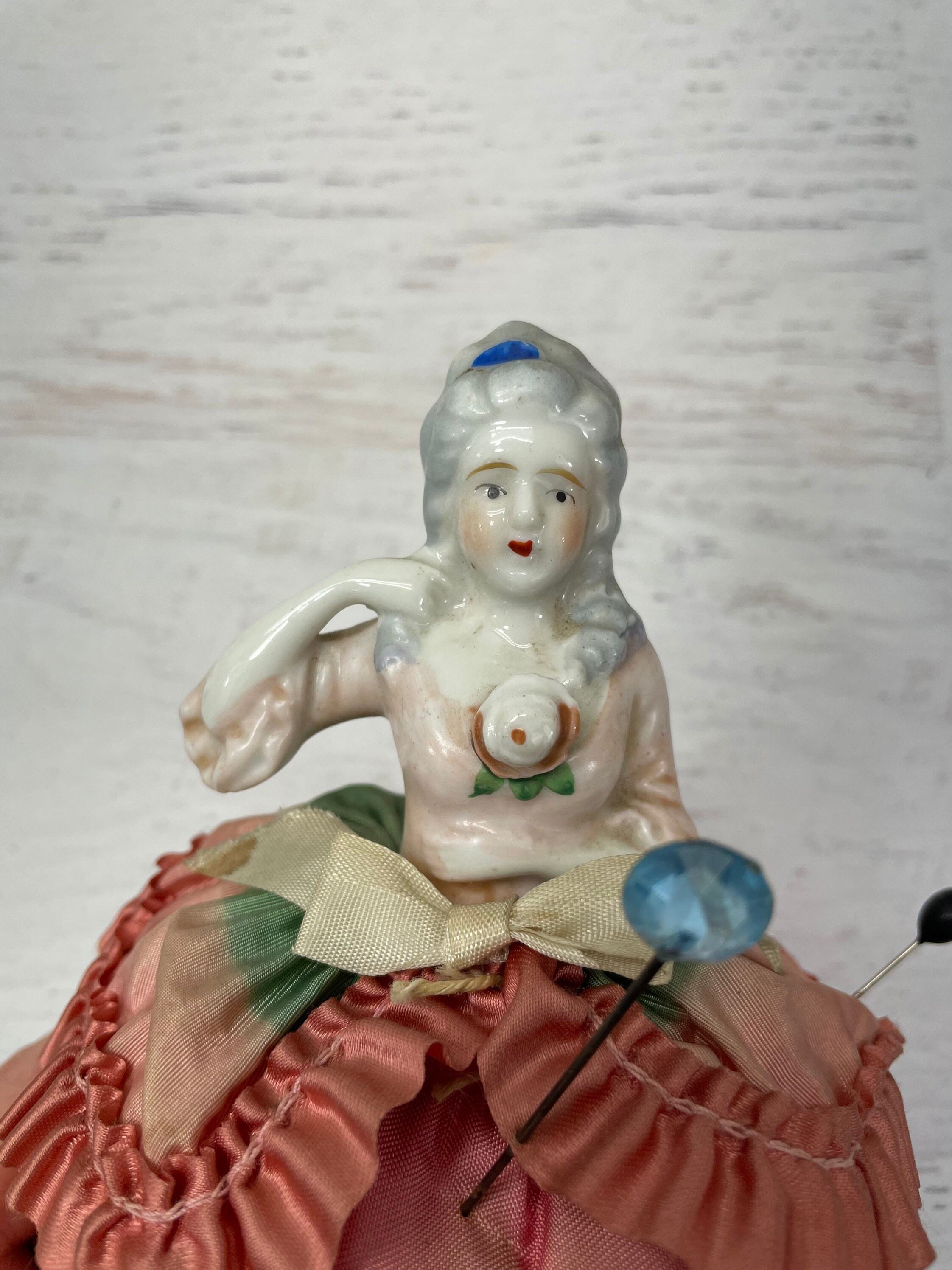 Antique Pin Cushion Doll Porcelain Half Doll Pink With Etsy