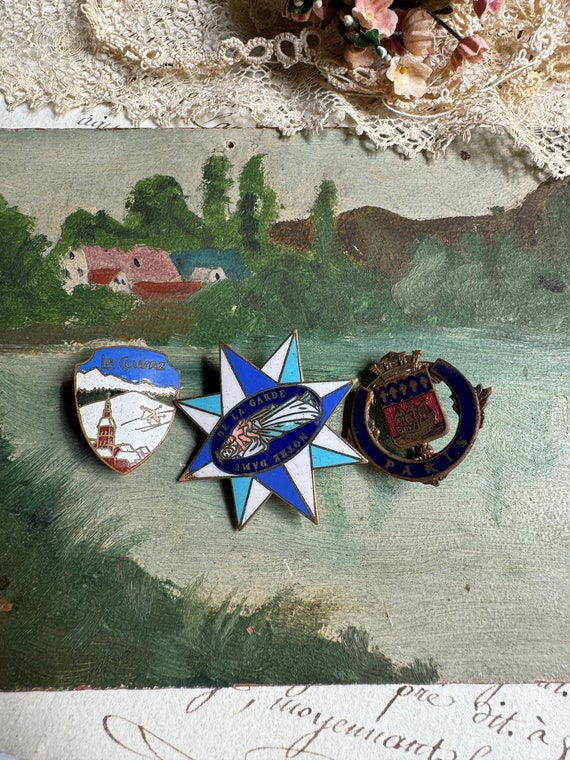 Vintage French Enamel Pins- Medals- Blue and Whit… - image 7