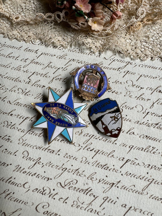 Vintage French Enamel Pins- Medals- Blue and Whit… - image 1