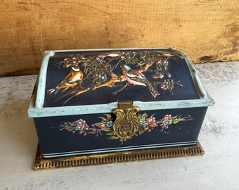 Vintage English Tin Box- Linette- Blue Bird Confectionery- Blue Chest with Birds- Made in Germany