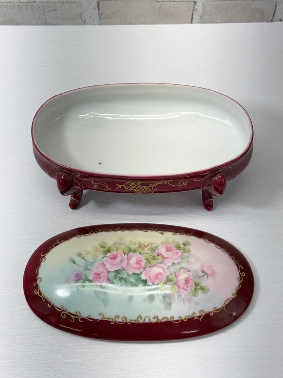 Antique Hand Painted Footed Oval Dish with Lid Sh… - image 6