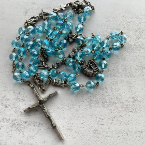 Rosary from Italy with Blue Glass Beads and Crucifix Praying Cross- Catholic Rosary Prayer
