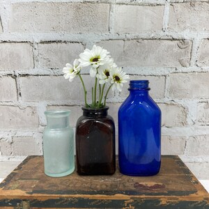 Antique Bottles, Blue Brown and Seafoam Green Glass Bottles, Vintage Bottles (3) Instant Collection Bottle Lot
