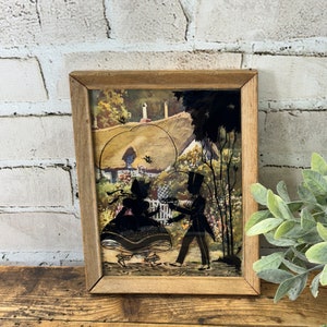 Vintage Silhouette Painting of Sweethearts on Glass, Reverse Painting Framed