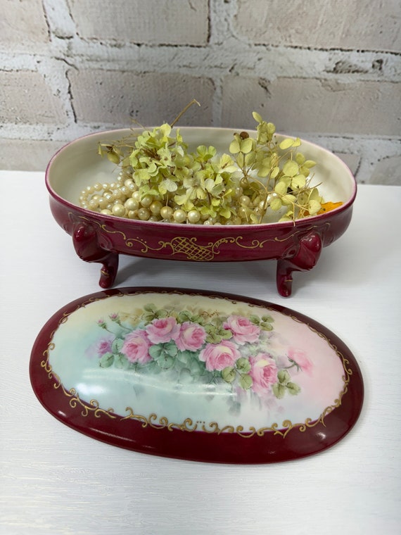 Antique Hand Painted Footed Oval Dish with Lid Sh… - image 1