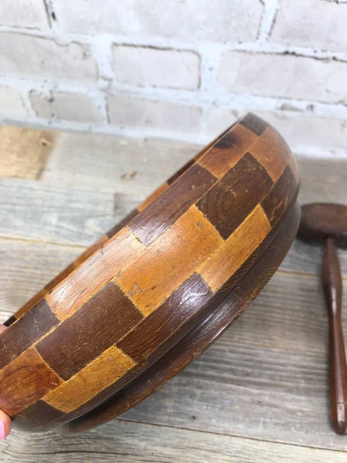 Vintage Wooden Nut Bowl with Mallet Hammer Mid Century Decor Etsy