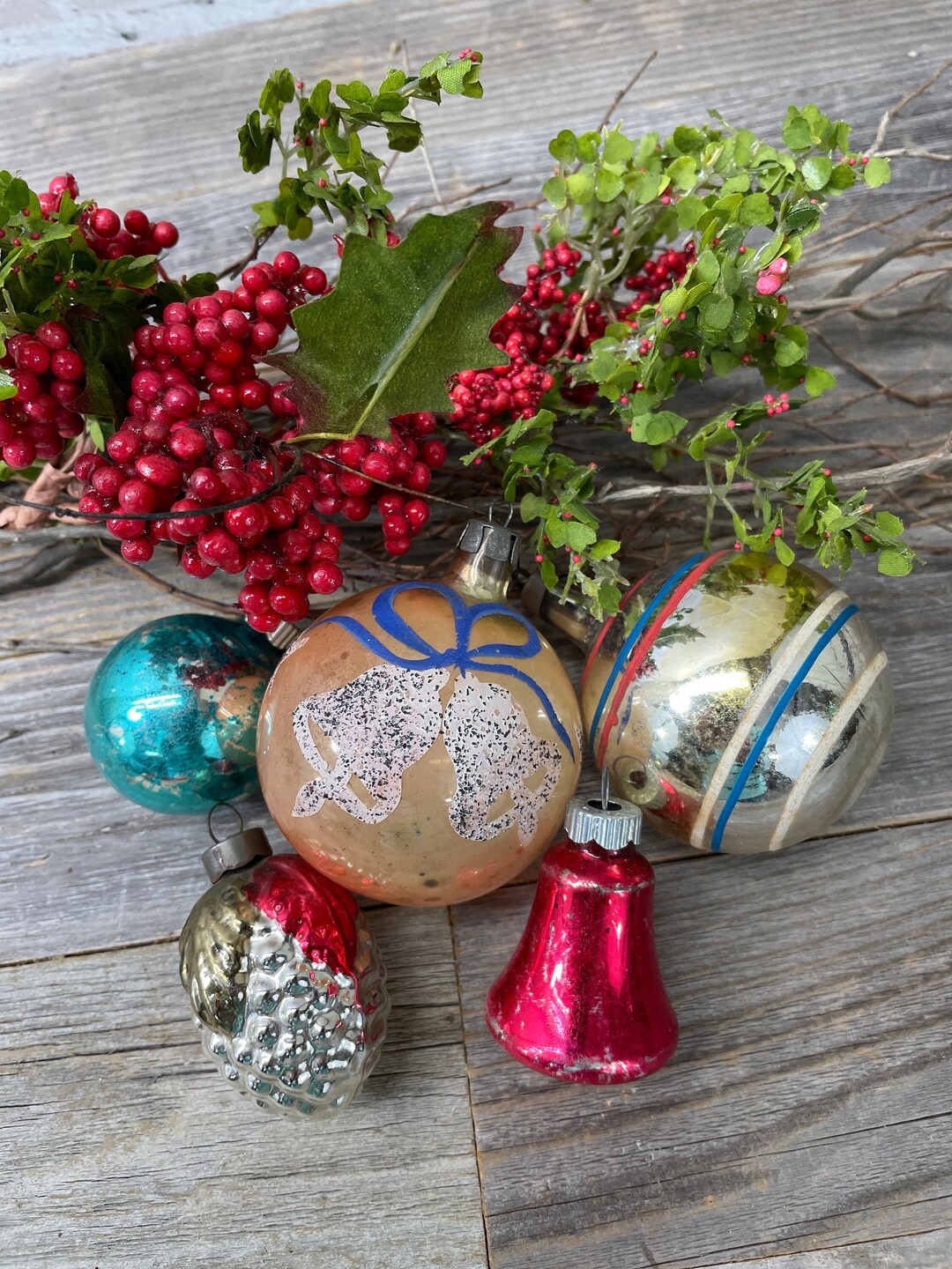 Antique Glass Ornaments Mercury Glass Merry Christmas Holiday Tree