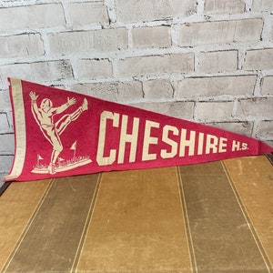 Vintage Football Pennant- Cheshire High School Red Felt Souvenir Sports Flag Banner