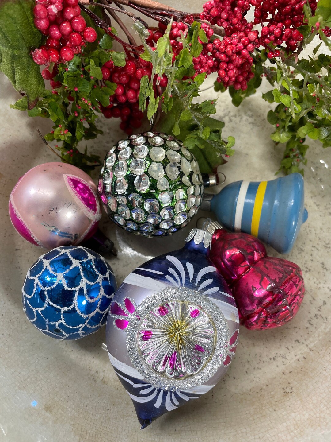 Antique Glass Ornaments Mercury Glass Merry Christmas Etsy