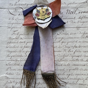 Vintage French Cocarde de Conscrit– Tricolor Ribbon Badge with Tassels