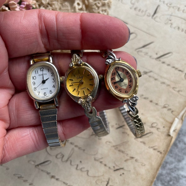 Vintage Wristwatches (3) Ladies Watches- Flex Band Gold Silver Colored- Steampunk Jewelry Supply