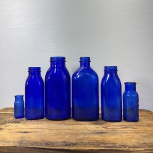 Antique Cobalt Blue Glass Bottle Collection, Set of 6 Vintage Apothecary & Medicine Bottles