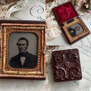 Antique 1800&#39;s Ambrotype Photograph of a Gentleman, Ornate Gutta Percha Union Case, Civil War Era, Red Velvet and Ornate Gold-tone Frame