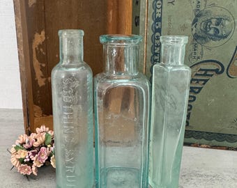 Antique Aqua Glass Bottle Set of 3- Mrs. Winslow's Soothing Syrup and Apothecary Bottles