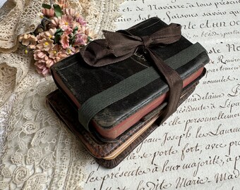 French Books- Miniature Agenda and Prayer Book Leather Cover- Small Book Pair