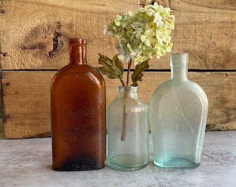 Vintage Bottles- Aqua Seafoam Green and Amber Brown Glass- Instant Collection Bottle Lot