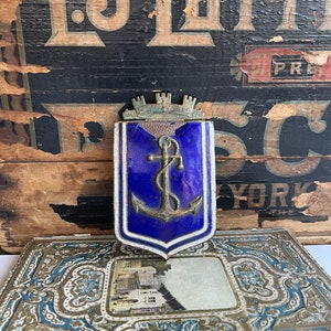 Vintage Crest with Anchor and Crown Blue Enamel Emblem with Posts European- Italian