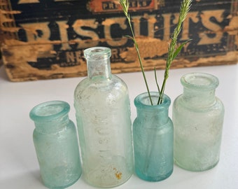 Antique Bottles- Seafoam Green Glass Vintage Bottle (4) Instant Collection Bottle Lot- Farmhouse Decor Old Bottles