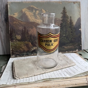 Antique French Apothecary Bottle with Gold Label, Glass Pharmacy Jar, Chemistry Lab Decor, Cabinet of Curiosities, 1800&#39;s Druggist