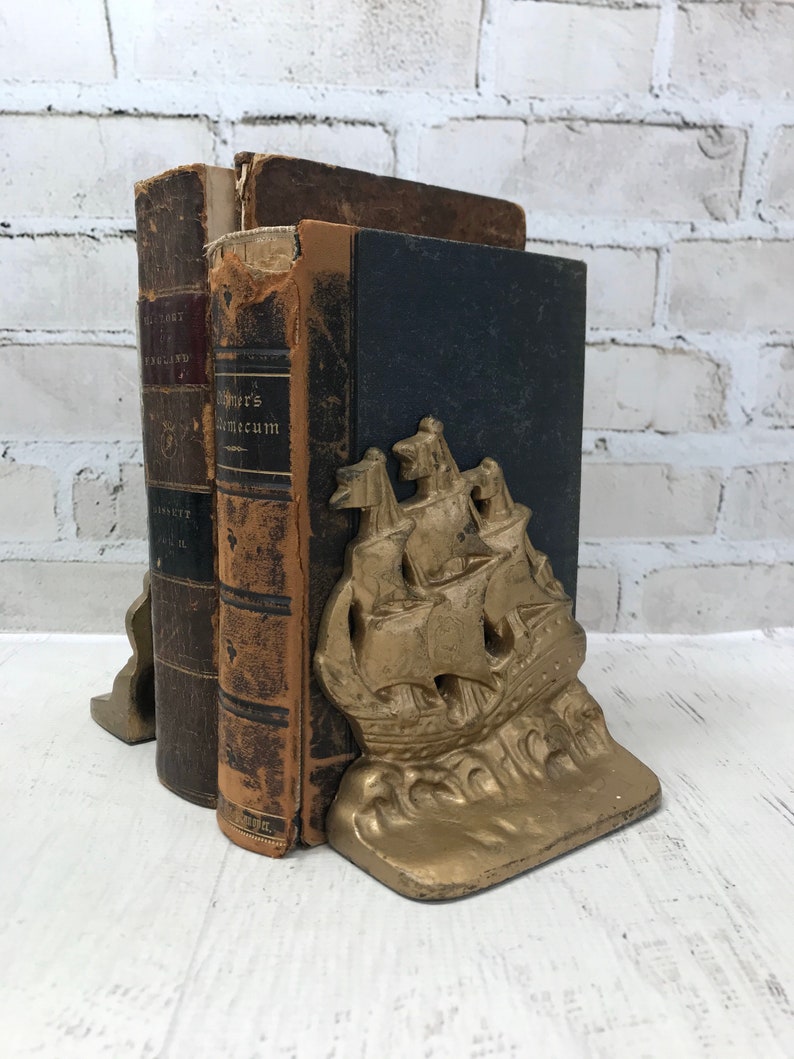 Vintage Ship BOOKENDS Gold Patina Bookends Library Decor Etsy